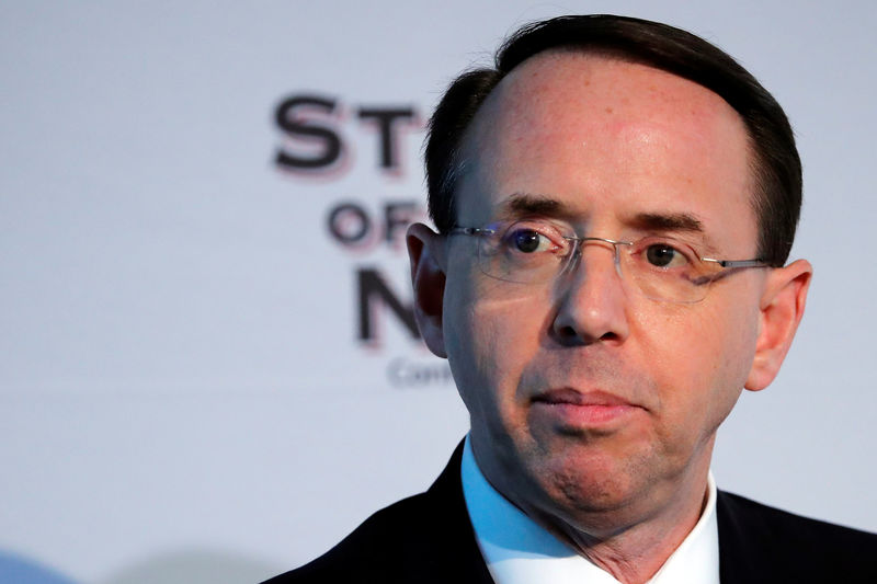 © Reuters. U.S. Deputy Attorney General Rod Rosenstein speaks during the State of the Net annual conference at the Newseum's Knight Conference Center in Washington D.C.