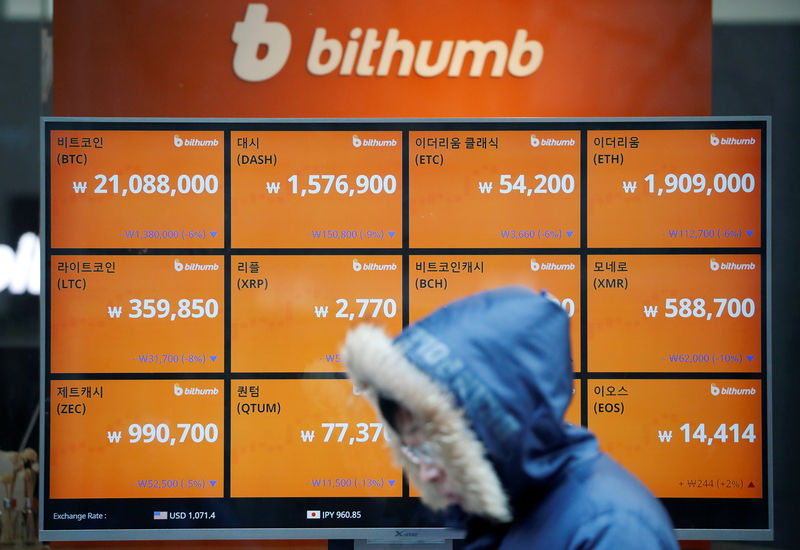 © Reuters. Un tabellone elettronico di Bithumb a Seul con l'andamento dello scambio delle varie criptovalute