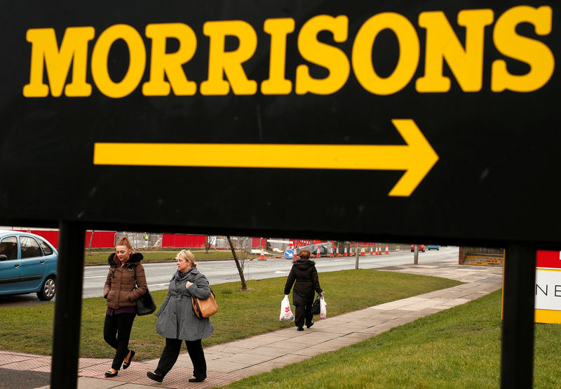 © Reuters. FILE PHOTO: People walk beneath a sign outside a Morrisons supermarket in Liverpool, northern England