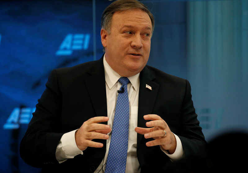 © Reuters. FILE PHOTO:    CIA Director Pompeo speaks at the American Enterprise Institute in Washington