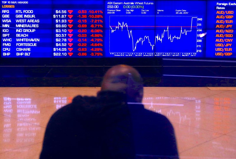 © Reuters. An investor sits in front of a board displaying stock prices at the Australian Securities Exchange in Sydney