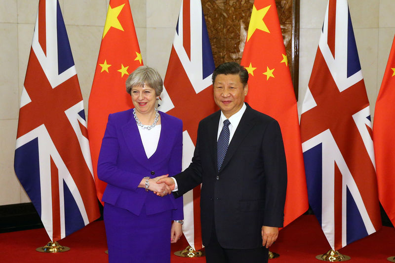 © Reuters. Primeira-ministra britânica, Theresa May, e presidente da China, Xi Jinping, em Pequim