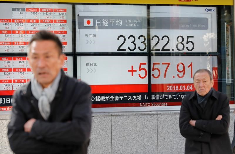 © Reuters. Pedestrians walk past an electronic board displaying the Nikkei average outside a brokerage in Tokyo