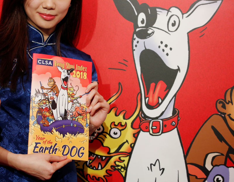 © Reuters. "Sorcerer's apprentice" Sally Chan poses with the Feng Shui Index report for Chinese Year of the Dog, in Hong Kong