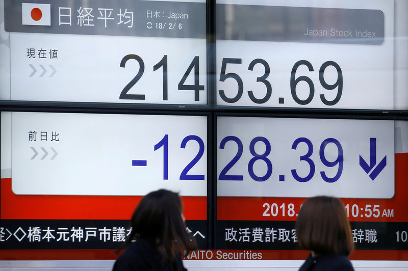 © Reuters. Women look at an electronic board showing Japan's Nikkei average outside a brokerage in Tokyo