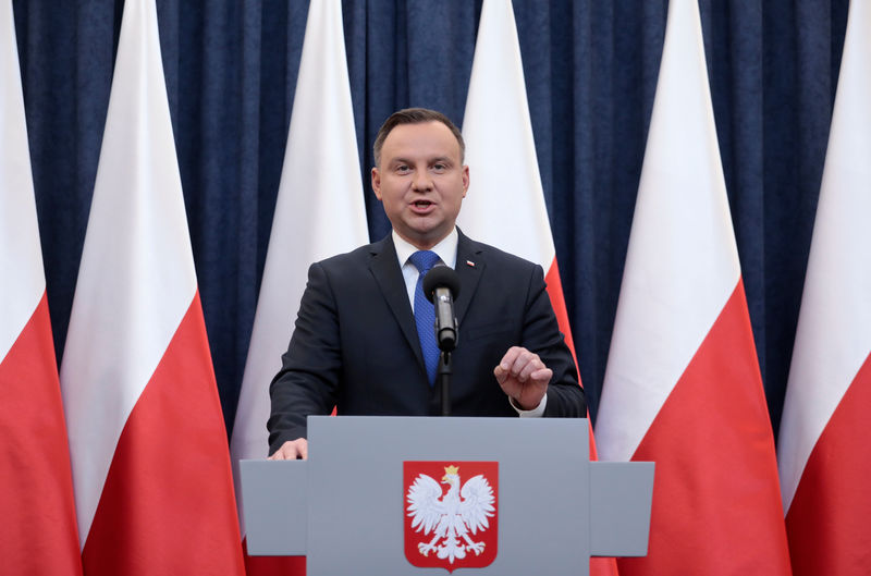 © Reuters. Presidente da Polônia, Andrzej Duda, durante pronunciamento no Palácio Presidencial em Varsóvia