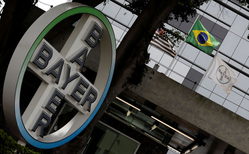 © Reuters. FILE PHOTO: The Brazilian national flag is seen next to Bayer's flag in front of Bayer headquarters in Sao Paulo