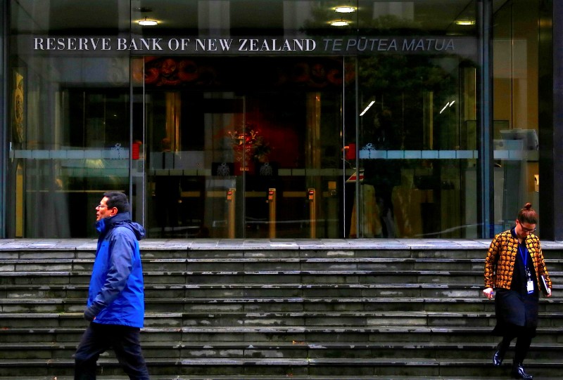© Reuters. FILE PHOTO: Pedestrians walk near the main entrance to the Reserve Bank of New Zealand located in central Wellington, New Zealand