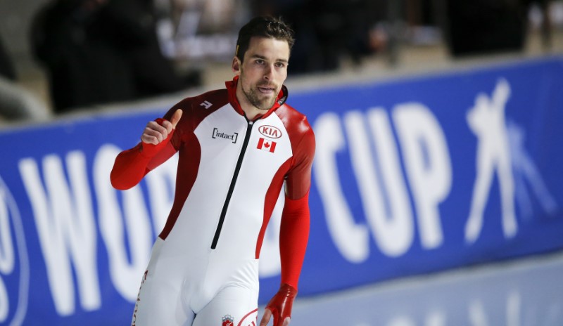 © Reuters. Canada's Morrison  reacts after he  competed during the men's 1000m speed skating ISU World Cup Speed Skating Final competion in Erfurt