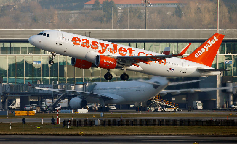 © Reuters. EasyJet Airbus A320-200 aircraft takes-off from Zurich Airport