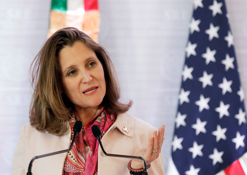 © Reuters. Canadian Foreign Minister Chrystia Freeland gives a speech during a joint news conference with Mexican Foreign Minister Luis Videgaray and U.S. Secretary of State Rex Tillerson in Mexico City