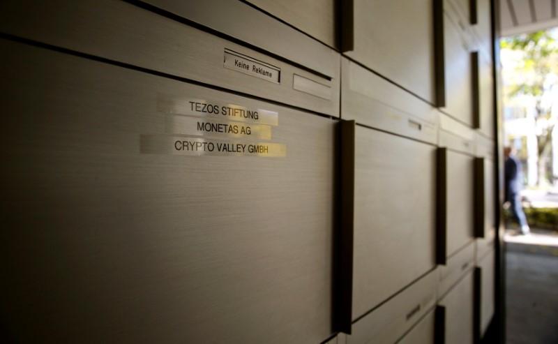 © Reuters. Company names are seen on a post box in Zug