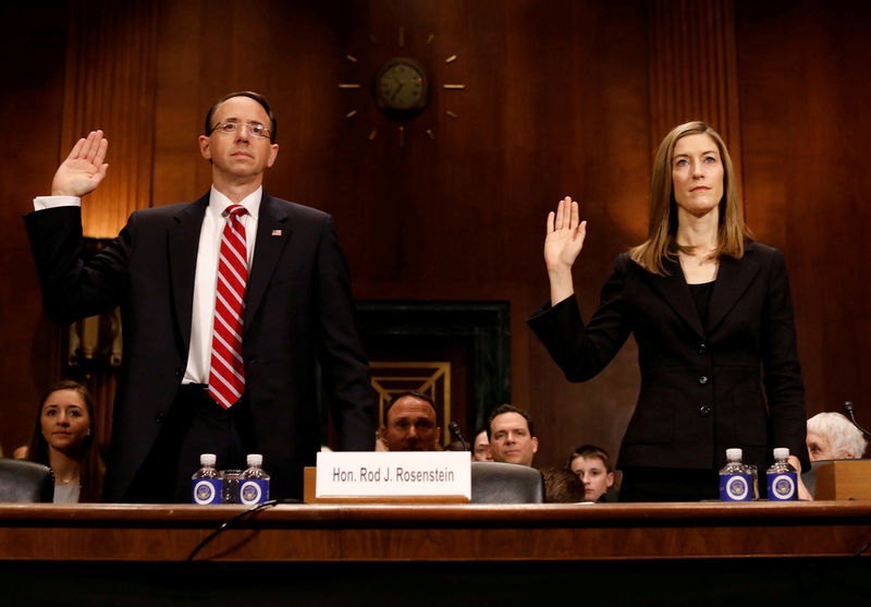 © Reuters. FILE PHOTO: Justice Department nominees Rosenstein and Brand are sworn in before the Senate Judiciary Committee