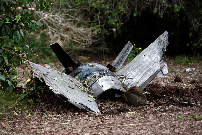 © Reuters. Fragments of a Syrian anti-aircraft missile found in Alonei Abba, about 2 miles (3.2 km) from where the remains of a crashed F-16 Israeli war plane were found, at the village of Alonei Abba