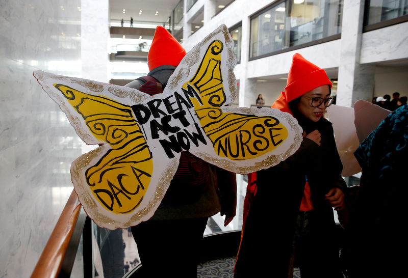 © Reuters. FILE PHOTO - Protesters calling for an immigration bill addressing the so-called Dreamers, young adults who were brought to the United States as children, walk through the Hart Office Building on Capitol Hill in Washington