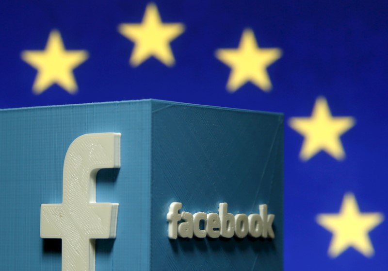 © Reuters. Picture illustration of 3D-printed Facebook logo in front of EU logo