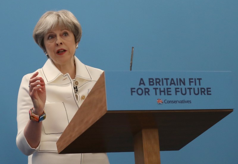 © Reuters. Primeira-ministra britânica, Theresa May, discursa em fórum do Partido Conservador em Londres