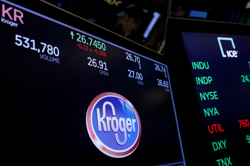 © Reuters. FILE PHOTO - A logo of Kroger is displayed on a monitor above the floor of the New York Stock Exchange in New York