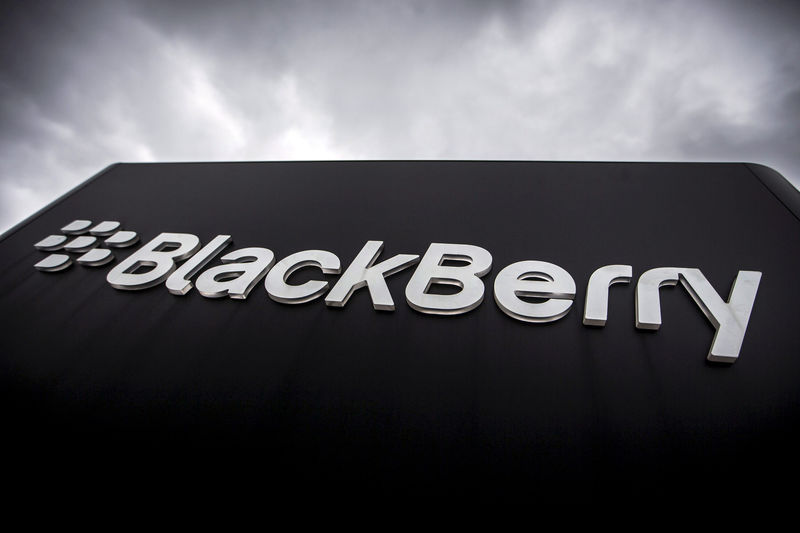 © Reuters. FILE PHOTO - Blackberry sign seen in front of their offices on the day of their annual general meeting for shareholders in Waterloo