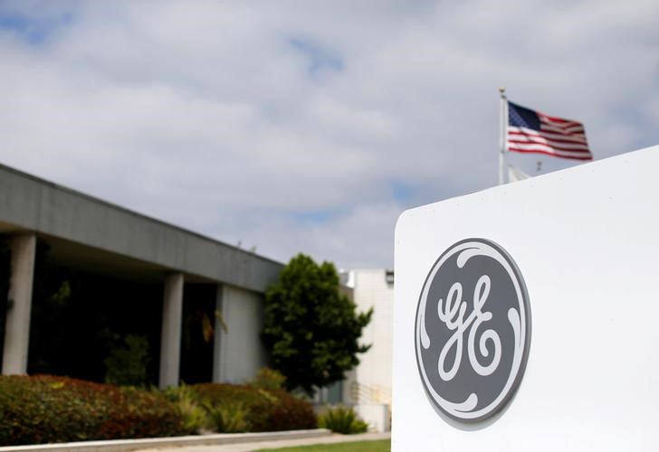 © Reuters. FILE PHOTO - The logo of Dow Jones Industrial Average stock market index listed company General Electric