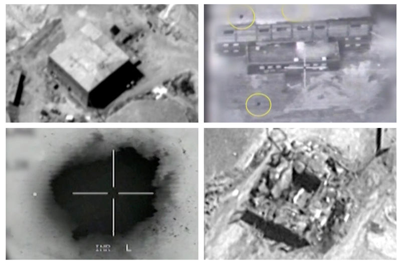 © Reuters. A combination image shows screen grabs taken from video material released on March 21, 2018 which the Israeli military describes as an Israeli air strike on a suspected Syrian nuclear reactor site near Deir al-Zor