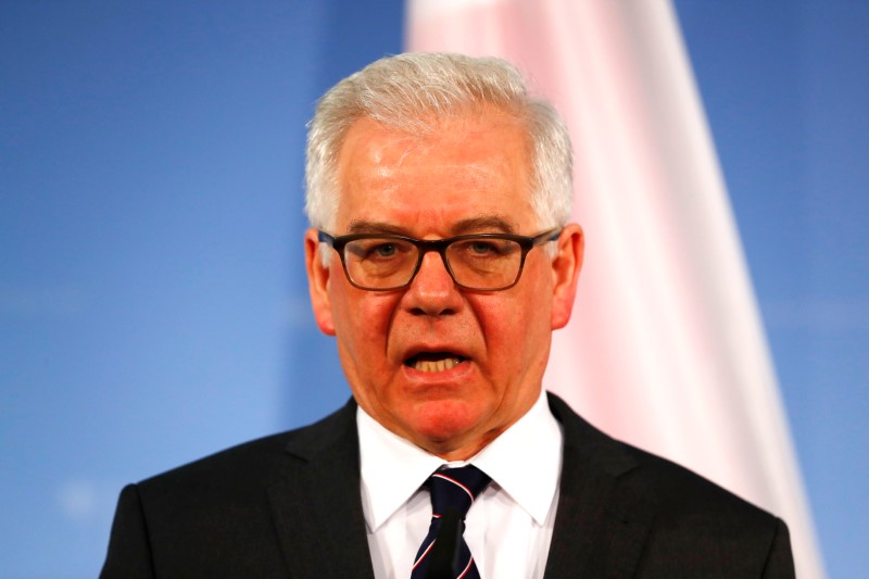 © Reuters. Polish Foreign Minister Jacek Czaputowicz speaks after meeting with his German counterpart Sigmar Gabriel in Berlin