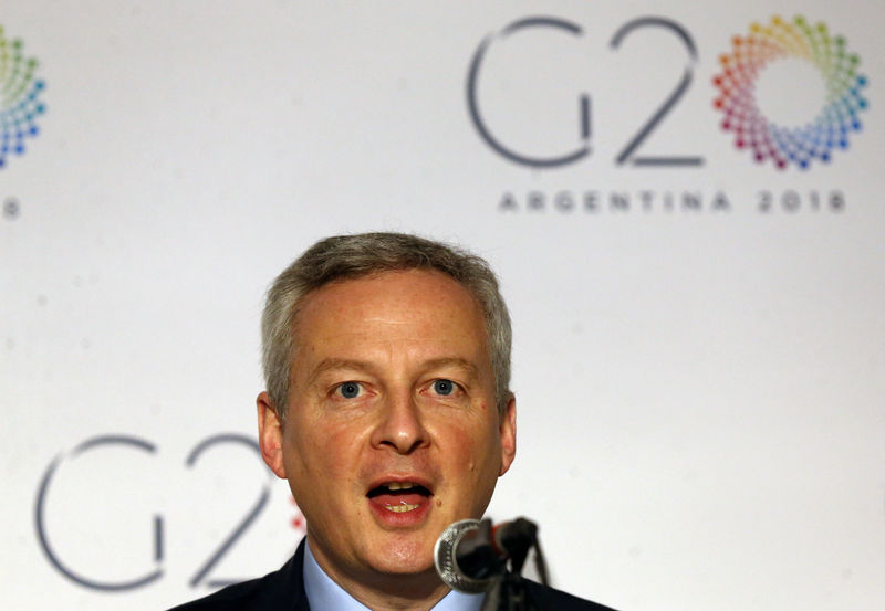 © Reuters. France's Finance Minister Le Maire speaks during a news conference at the G20 Meeting of Finance Ministers in Buenos Aires