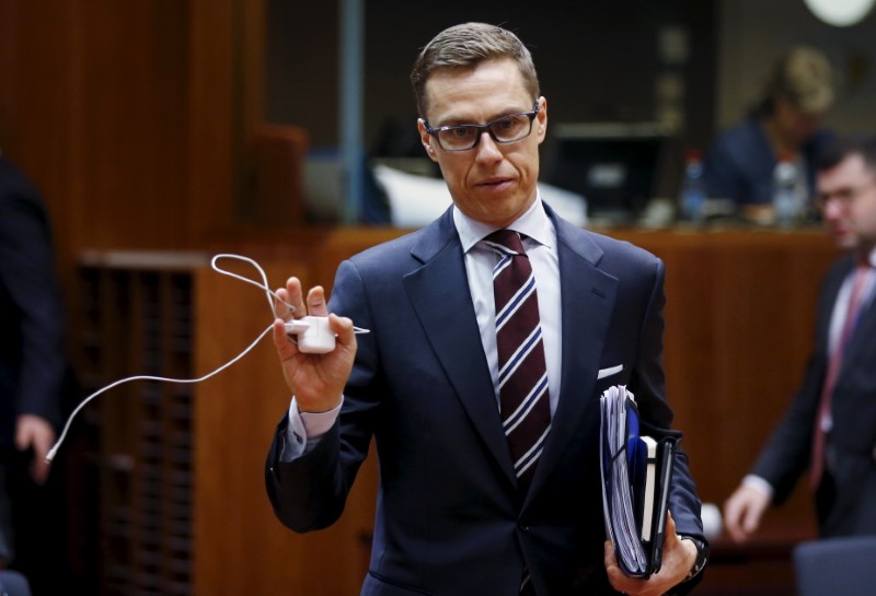 © Reuters. Finland's Finance Minister Stubb arrives at a EU finance ministers meeting in Brussels