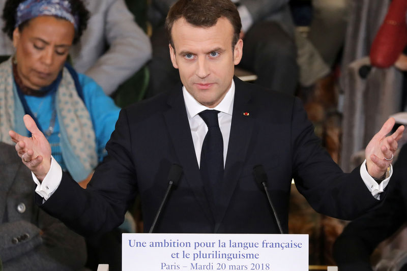 © Reuters. France's President Macron presents measures to boost use of French abroad on the International Day of Francophonie