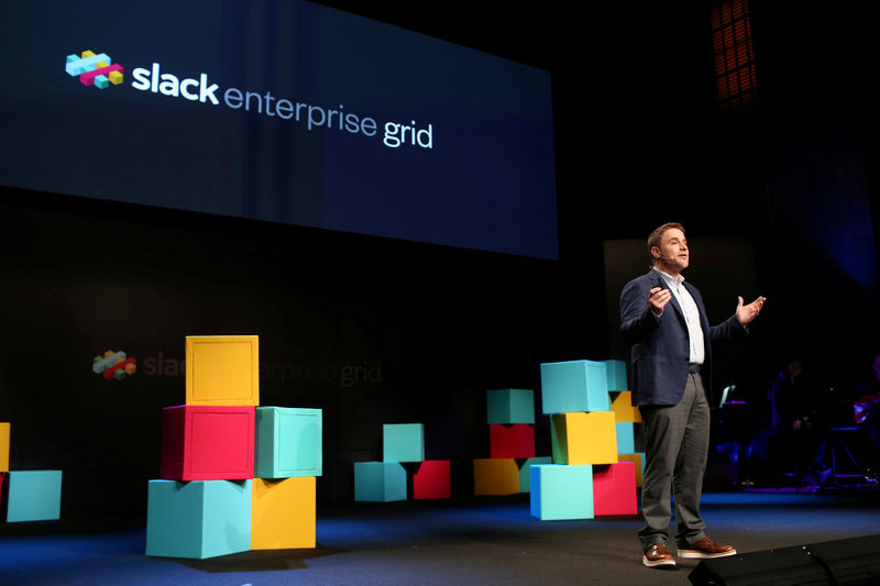 © Reuters. FILE PHOTO: Butterfield, CEO of Slack, talks during the business messaging company's event in San Francisco