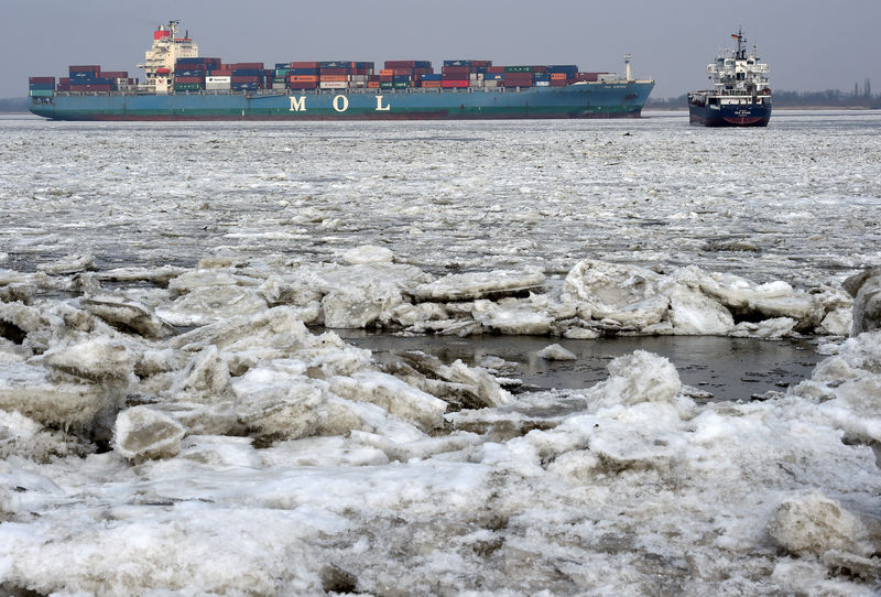 © Reuters. FILE PHOTO: A container ship makes its way on the frozen Elbe river close to Hamburg