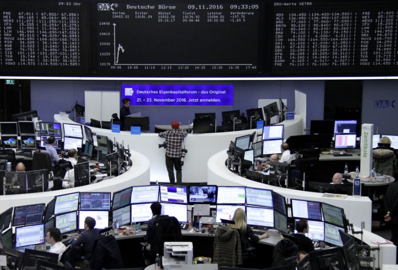 © Reuters. FILE PHOTO: Traders work at their desks in front of the German share price index DAX board in Frankfurt