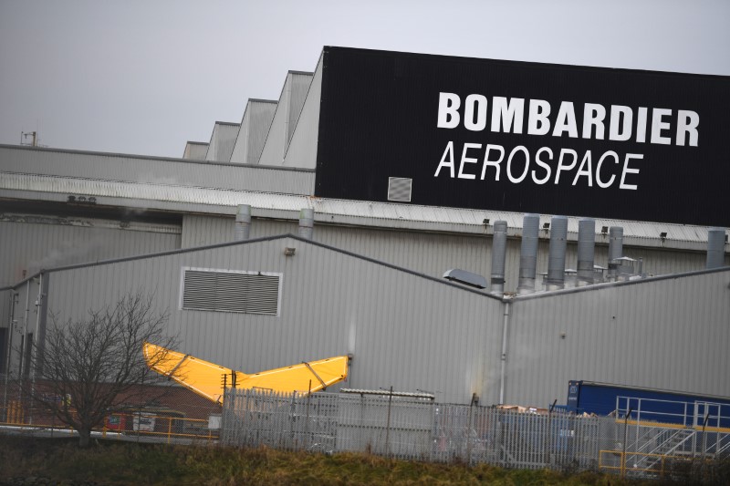 © Reuters. FILE PHOTO: A Bombardier logo is seen at the Bombardier plant in Belfast