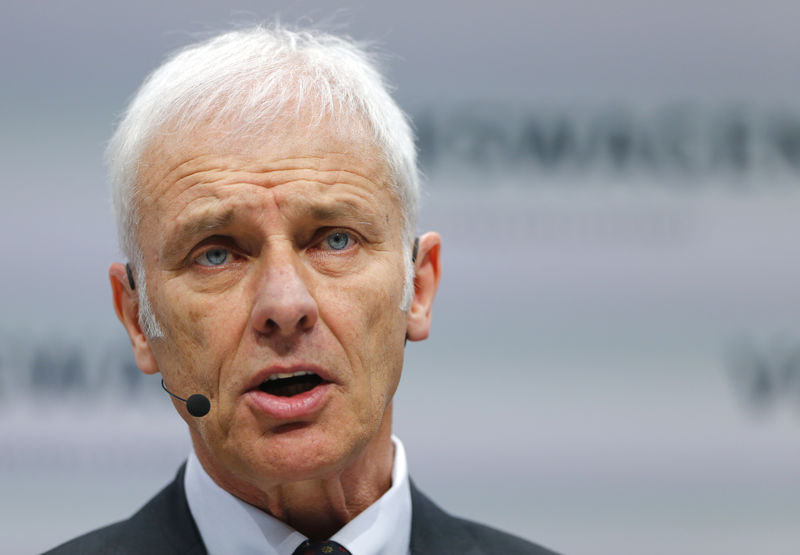 © Reuters. Volkswagen CEO Matthias Mueller speaks at the annual earnings news conference of VW in Berlin in Berlin