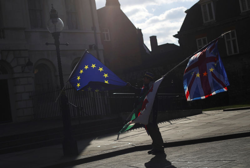 © Reuters. An anti-Brexit demonstrator waves EU, Union and Welsh flags opposite the Houses of Parliament in London