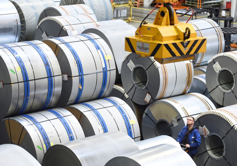 © Reuters. Steel rolls are seen at the Volkswagen plant in Emden