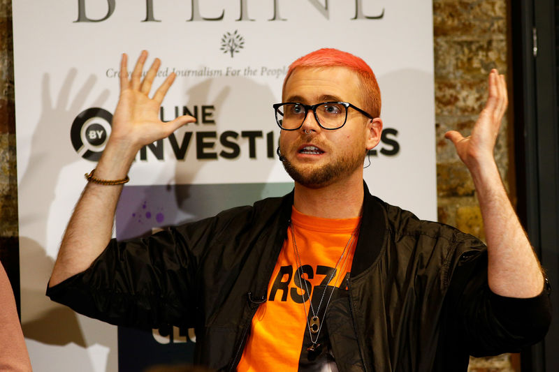 © Reuters. Christopher Wylie speaks next to  Shahmir Sanni at the Frontline Club in London