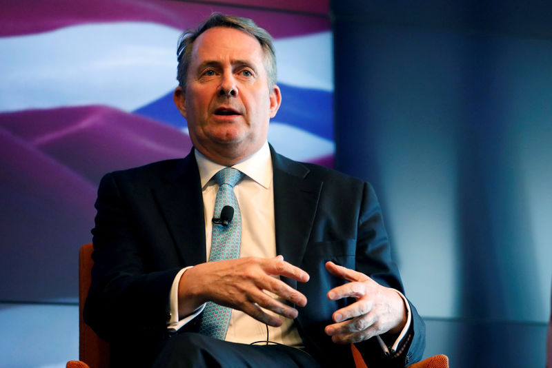 © Reuters. Britain's Secretary of State for International Trade Liam Fox speaks at an event hosted by Thomson Reuters in Manhattan, New York
