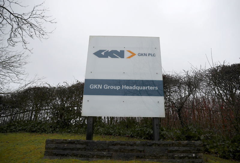 © Reuters. FILE PHOTO - Branding is seen outside the headquarters of GKN in Redditch