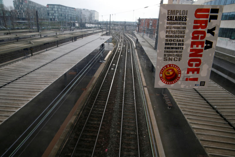 © Reuters. UN TAUX DE DÉCLARATION DE GRÉVISTES À LA SNCF DE 43% POUR LUNDI