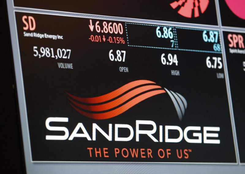 © Reuters. An electronic display identifies the post that trades SandRidge Energy stock on the floor of the New York Stock Exchange
