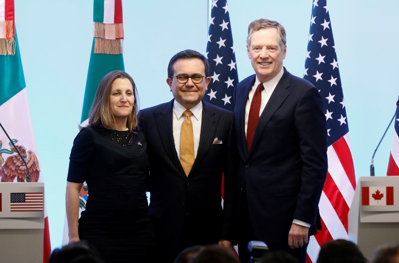 © Reuters. Canadian Foreign Minister Freeland, Mexican Economy Minister Guajardo and U.S. Trade Representative Lighthizer pose for a photo on the closing of the seventh round of NAFTA talks in Mexico City