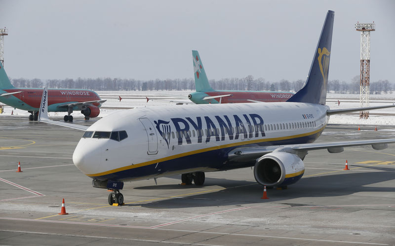© Reuters. A Ryanair Boeing 737 aircraft is parked at Boryspil International Airport outside Kiev