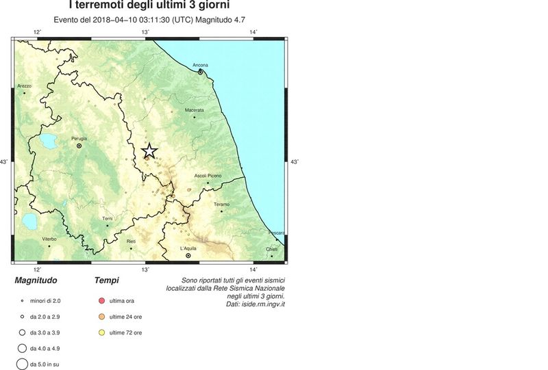 © Reuters. Una mappa dell'Ingv che riporta la scossa di oggi in provincia di Macerata e i terremoti degli ultimi tre giorni