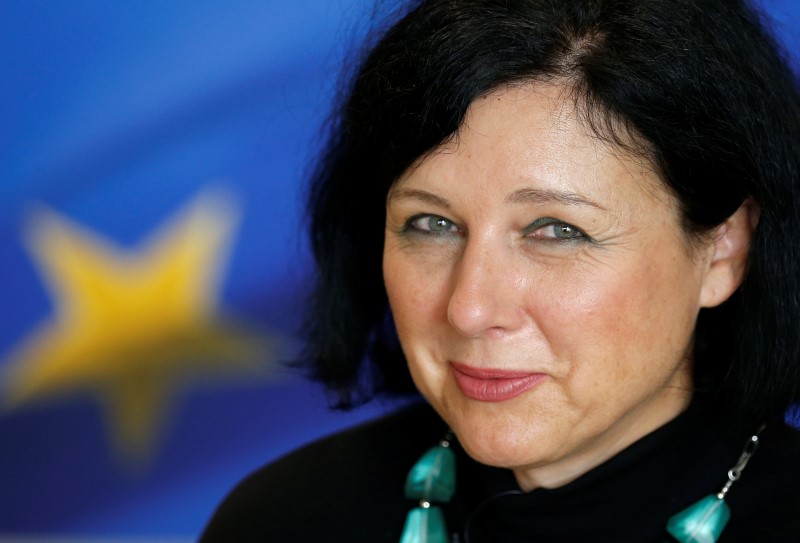 © Reuters. EU Justice Commissioner Jourova speaks during an interview with Reuters in Brussels