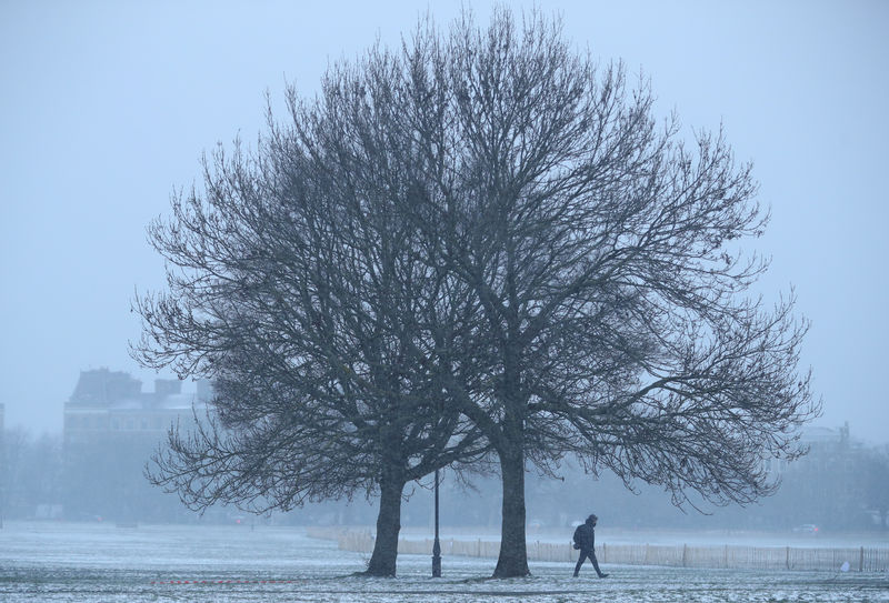 © Reuters. A walker crosses a snow-covered Clapham Common in London