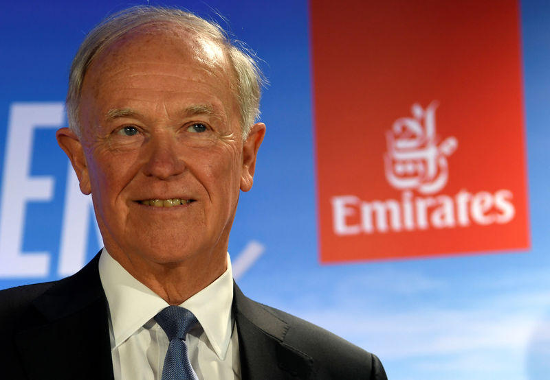 © Reuters. Tim Clark, President of Emirates Airlines, delivers his speech during a presentation of Emirates Boeing 777 at the airport in Hamburg