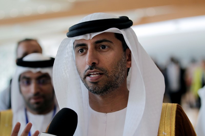 © Reuters. UAE Energy Minister Suhail bin Mohammed al-Mazroui talks to reporters during the 15th International Energy Forum Ministerial (IEF15) in Algiers