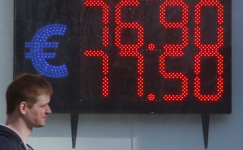 © Reuters. Табло с курсом евро к рублю в Москве