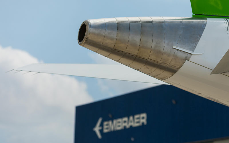 © Reuters. The E2-190 jet is seen during a ceremony as Embraer delivers first jet to Norway's Wideroe at the company's headquarters in Sao Jose dos Campos